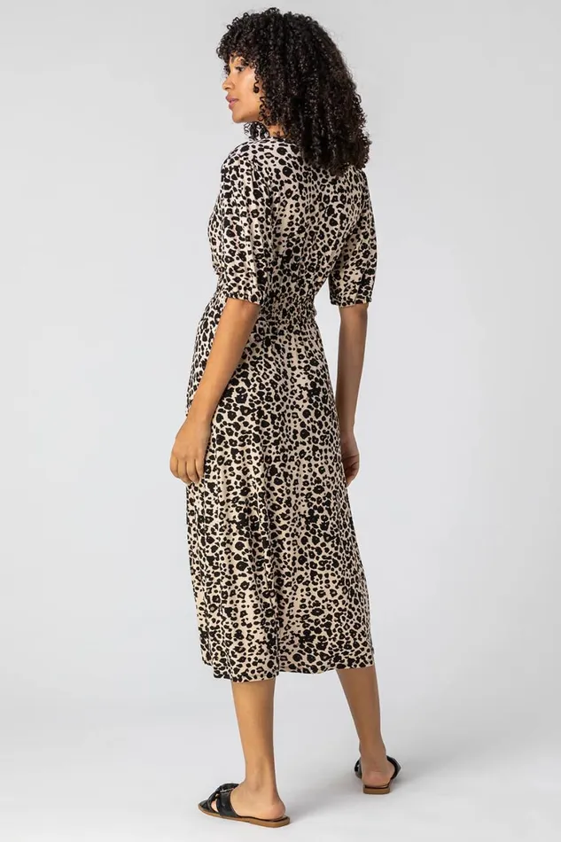 Women Taupe Leopard Print Midi Wrap Dress Roman Dresses