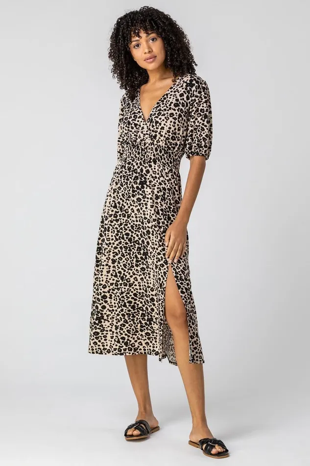 Women Taupe Leopard Print Midi Wrap Dress Roman Dresses