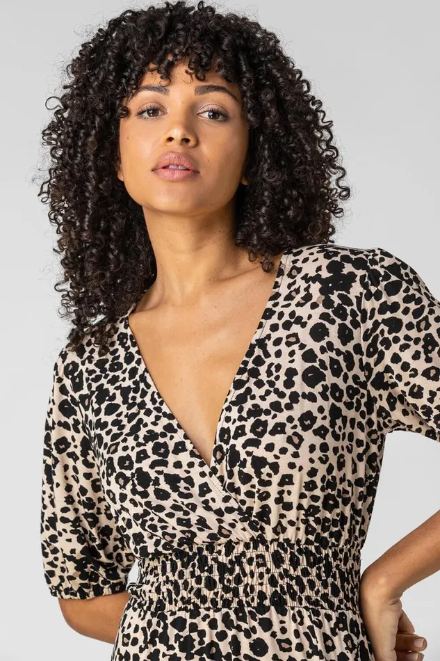 Women Taupe Leopard Print Midi Wrap Dress Roman Dresses