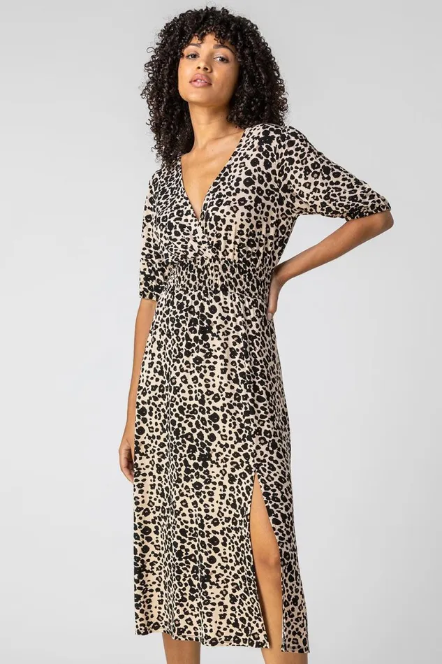 Women Taupe Leopard Print Midi Wrap Dress Roman Dresses