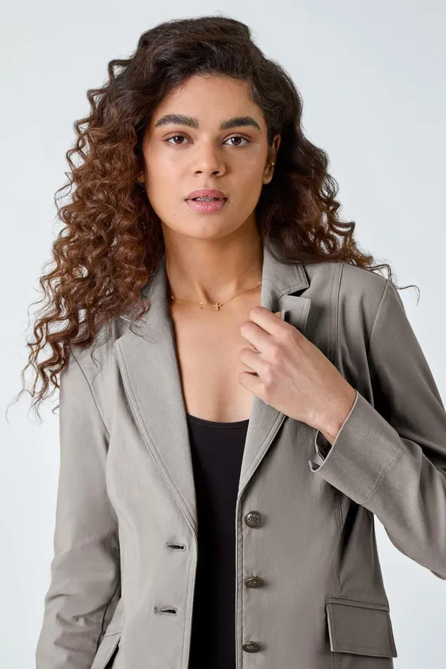 Women Taupe Stretch Button Detail Blazer Roman Jackets