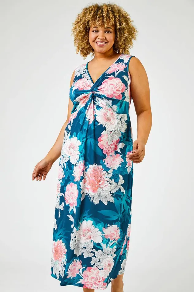 Women Teal Curve Floral Print Twist Ruched Midi Dress Roman Dresses