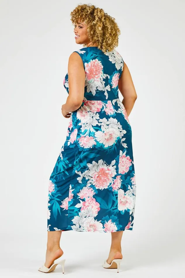 Women Teal Curve Floral Print Twist Ruched Midi Dress Roman Dresses