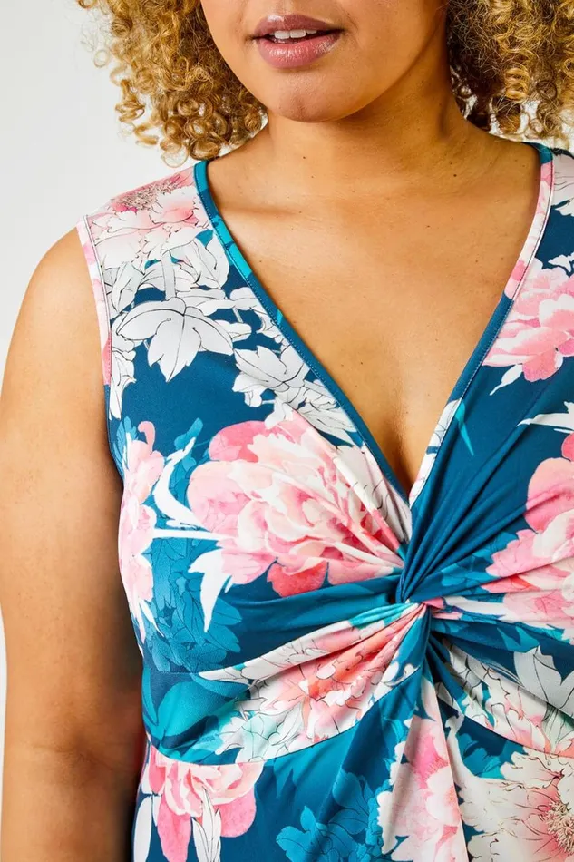 Women Teal Curve Floral Print Twist Ruched Midi Dress Roman Dresses