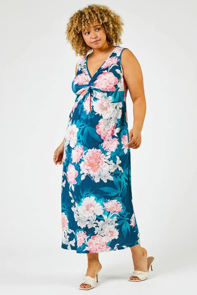 Women Teal Curve Floral Print Twist Ruched Midi Dress Roman Dresses