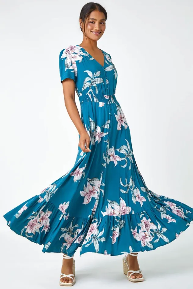 Women Teal Floral Print Shirred Waist Maxi Dress Roman Dresses
