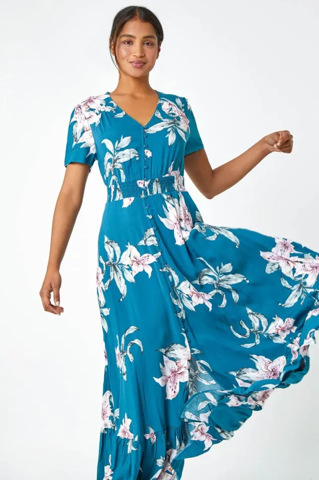 Women Teal Floral Print Shirred Waist Maxi Dress Roman Dresses