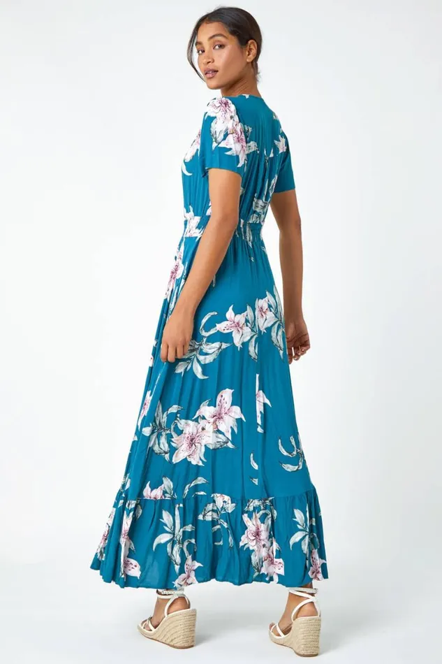 Women Teal Floral Print Shirred Waist Maxi Dress Roman Dresses
