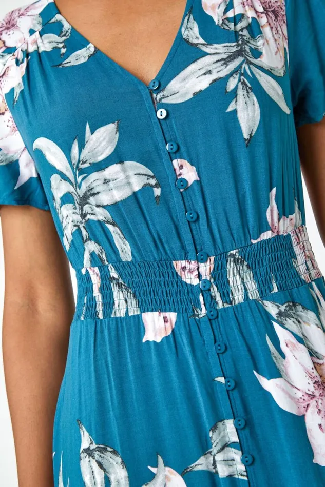 Women Teal Floral Print Shirred Waist Maxi Dress Roman Dresses