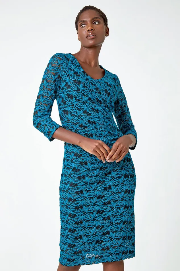 Women Teal Glitter Lace Ruched Shift Stretch Dress Roman Dresses