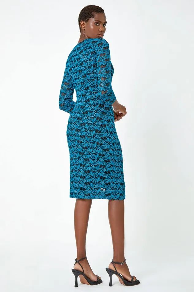 Women Teal Glitter Lace Ruched Shift Stretch Dress Roman Dresses