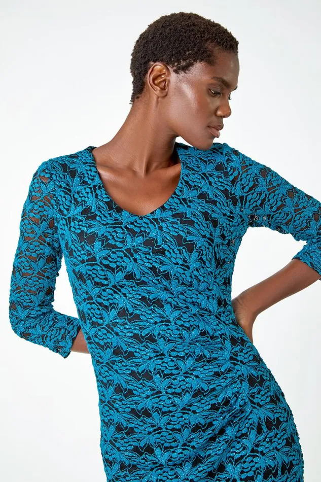 Women Teal Glitter Lace Ruched Shift Stretch Dress Roman Dresses