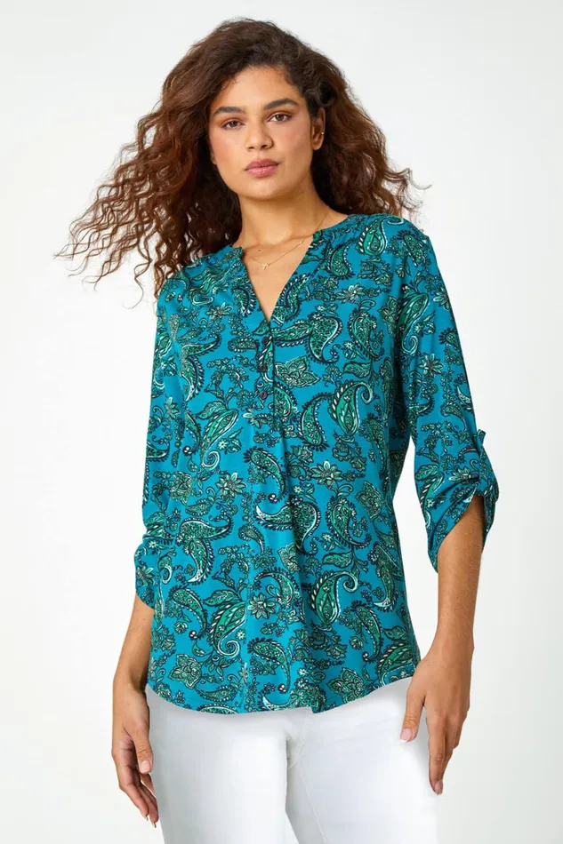 Women Teal Paisley Jersey VNeck Stretch Shirt Roman Tops