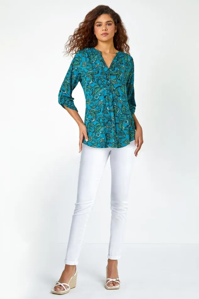 Women Teal Paisley Jersey VNeck Stretch Shirt Roman Tops
