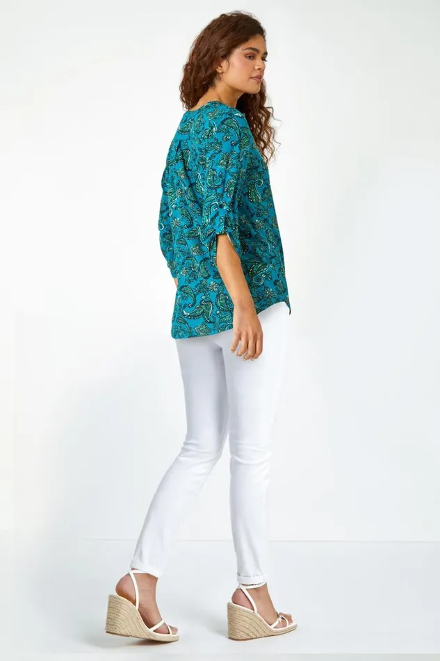 Women Teal Paisley Jersey VNeck Stretch Shirt Roman Tops