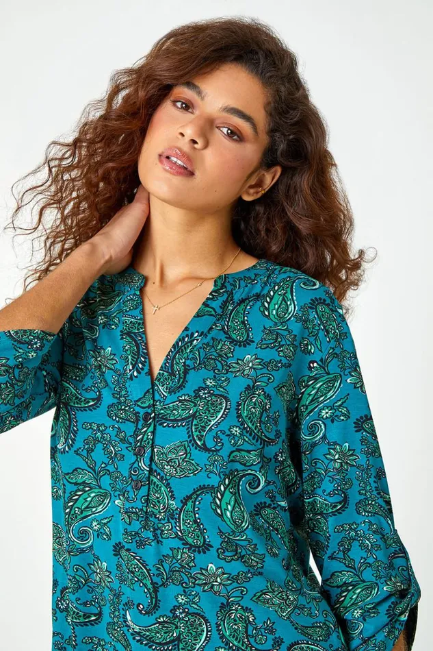 Women Teal Paisley Jersey VNeck Stretch Shirt Roman Tops