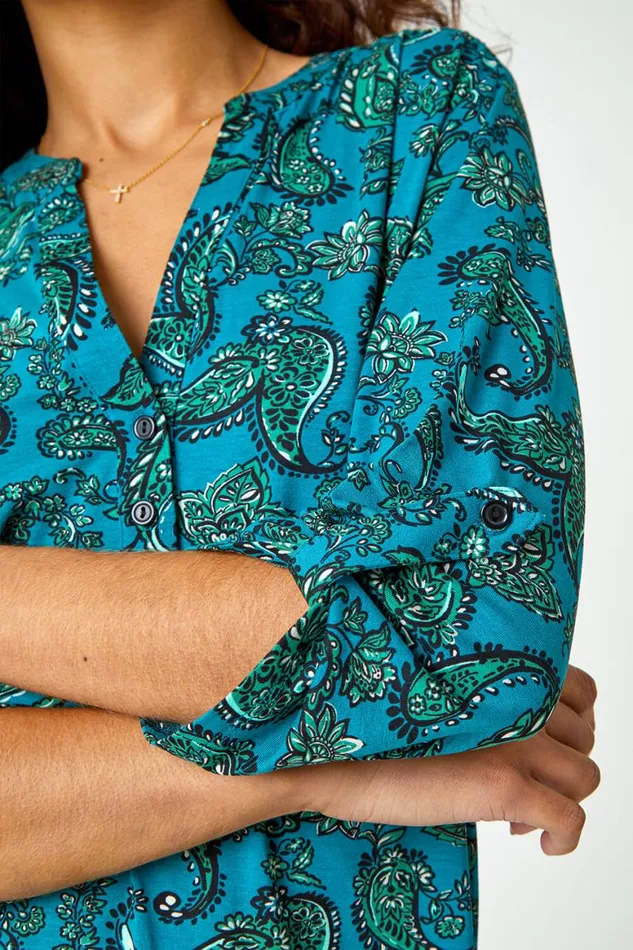 Women Teal Paisley Jersey VNeck Stretch Shirt Roman Tops