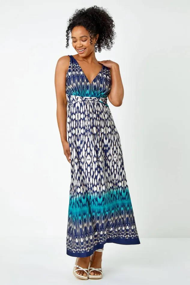 Women Teal Petite Sleeveless Aztec Maxi Stretch Dress Roman Dresses