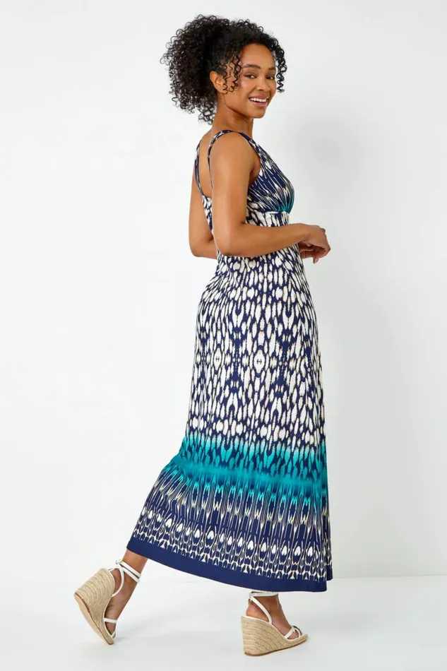 Women Teal Petite Sleeveless Aztec Maxi Stretch Dress Roman Dresses