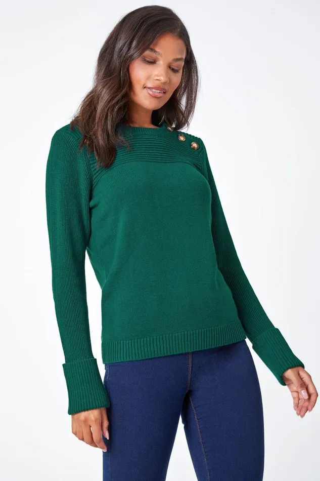 Women Teal Ribbed Button Detail Knitted Jumper Roman Knitwear