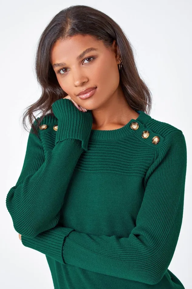 Women Teal Ribbed Button Detail Knitted Jumper Roman Knitwear