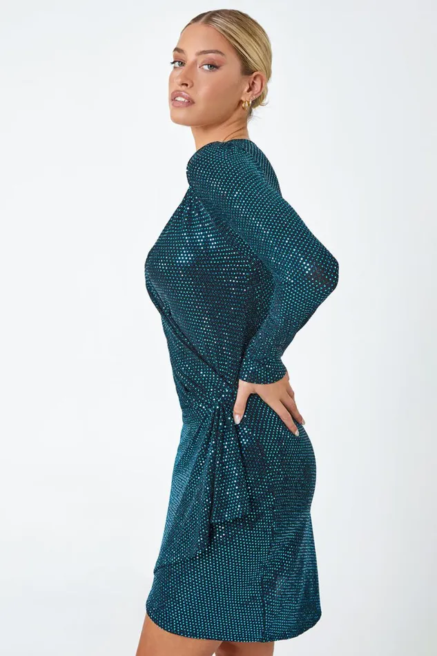 Women Teal Sparkle Embellished Ruched Wrap Dress Roman Dresses