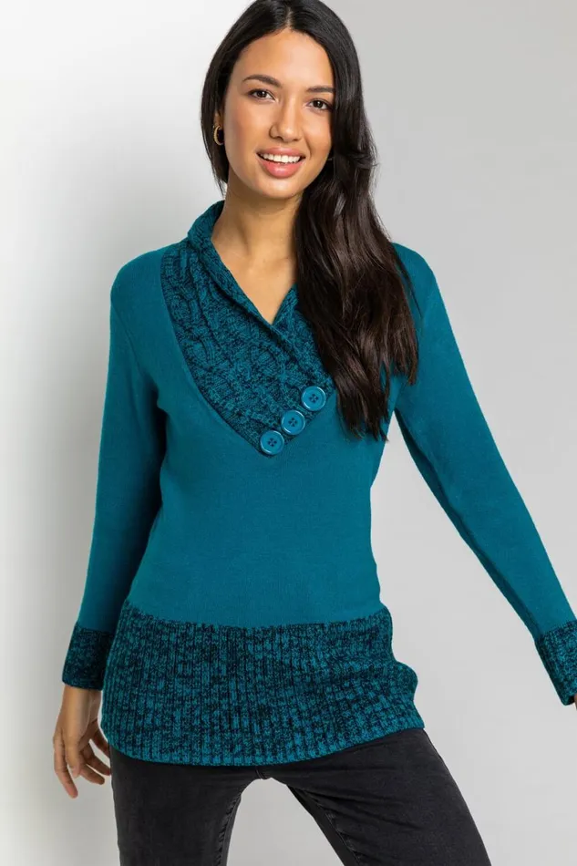 Women Teal VNeck Overlap Button Detail Longline Jumper Roman Knitwear