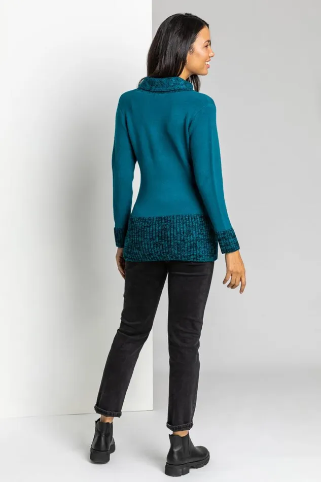 Women Teal VNeck Overlap Button Detail Longline Jumper Roman Knitwear
