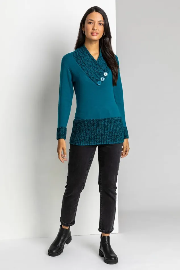 Women Teal VNeck Overlap Button Detail Longline Jumper Roman Knitwear