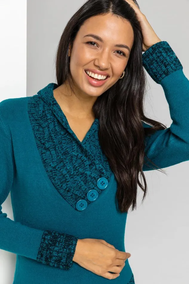 Women Teal VNeck Overlap Button Detail Longline Jumper Roman Knitwear
