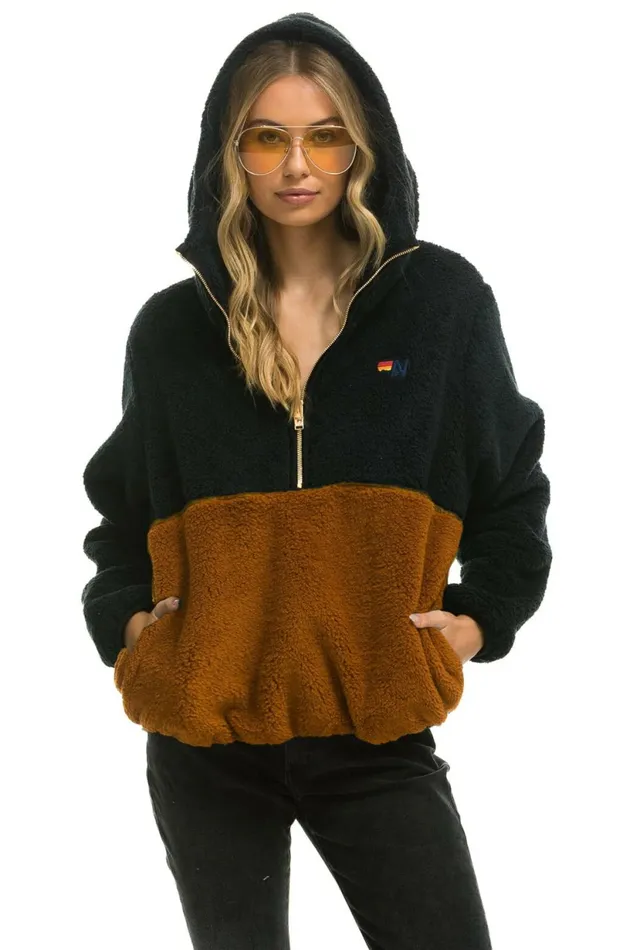 Women TEDDY UNISEX HOODED HALF ZIP COLOR BLOCK JACKET 8211 BLACK Aviator Nation Outerwear