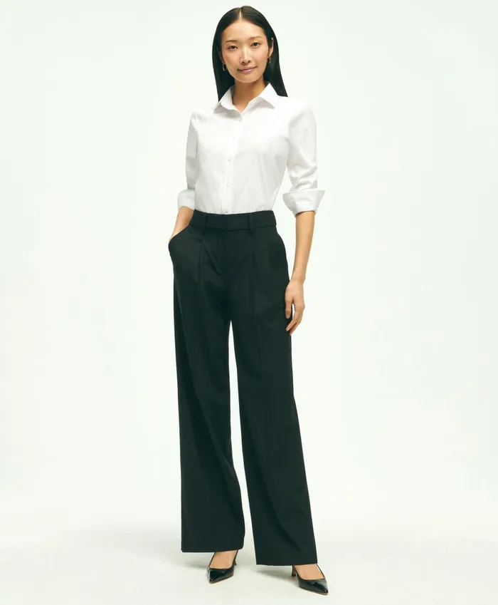 Women The Essential Brooks Brothers Stretch PleatFront Wide Leg Trousers Black Brooks Brothers Pants and Skirts