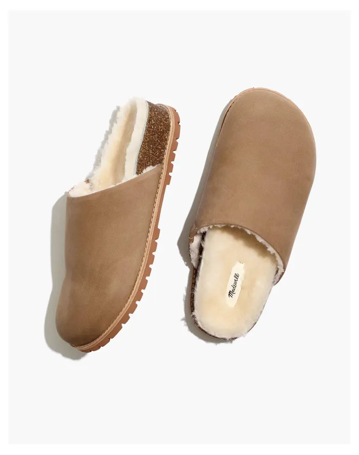 Women The Layne Clog Mule In Nubuck And Shearling Walnut Shell Madewell Flats
