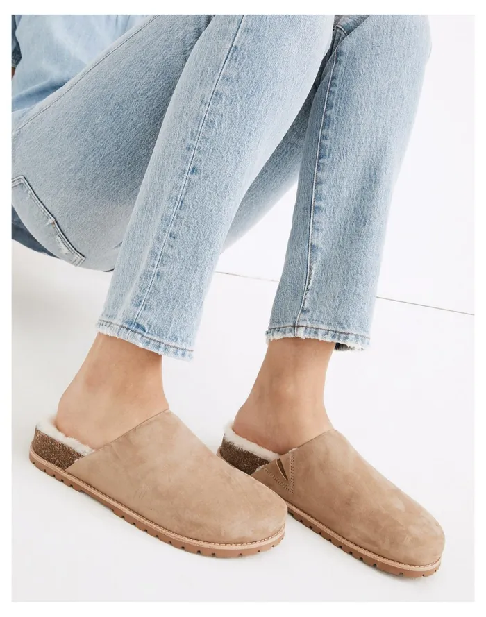 Women The Layne Clog Mule In Nubuck And Shearling Walnut Shell Madewell Flats Women The Layne Clog Mule In Nubuck And Shearling Walnut Shell Madewell Flats