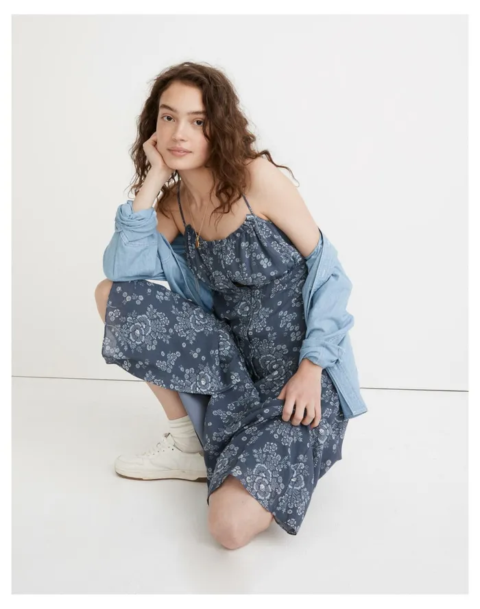 Women Tie Back Button Front Midi Dress In Archival Floral Sunfaded Indigo Madewell Dresses Women Tie Back Button Front Midi Dress In Archival Floral Sunfaded Indigo Madewell Dresses