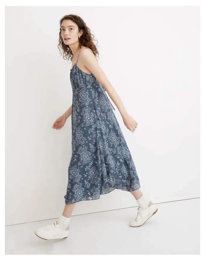 Women Tie Back Button Front Midi Dress In Archival Floral Sunfaded Indigo Madewell Dresses Women Tie Back Button Front Midi Dress In Archival Floral Sunfaded Indigo Madewell Dresses