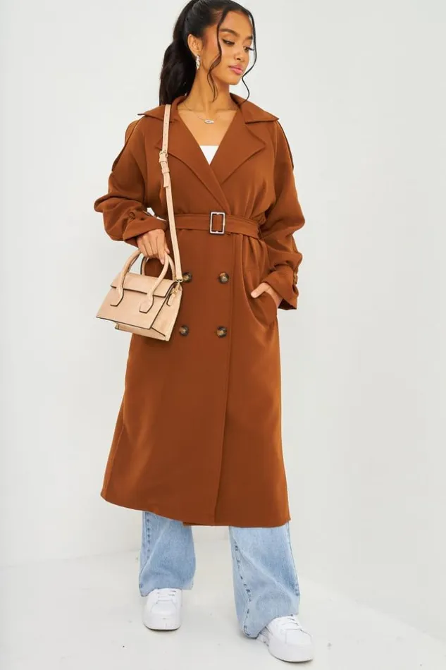 Women Trench Coat With Tie Waist Detail In Brown Brown Brentiny Paris Coats