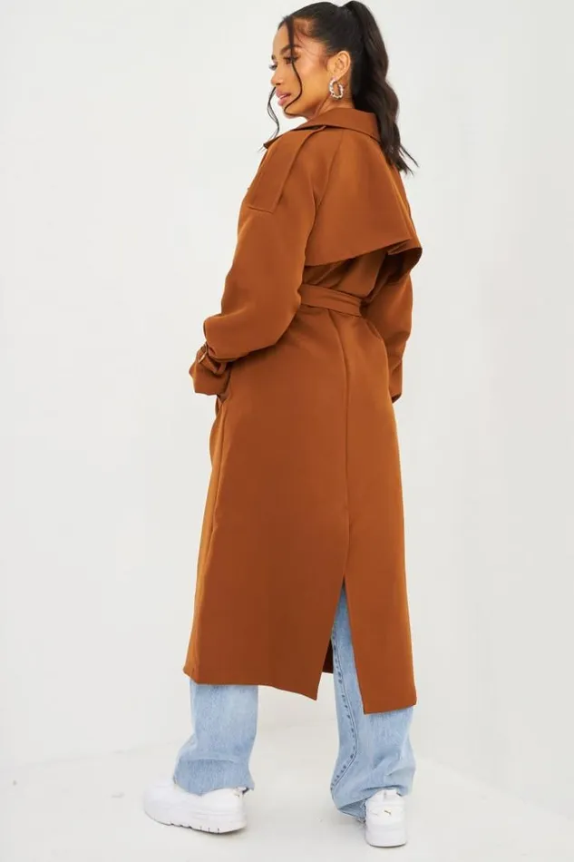 Women Trench Coat With Tie Waist Detail In Brown Brown Brentiny Paris Coats