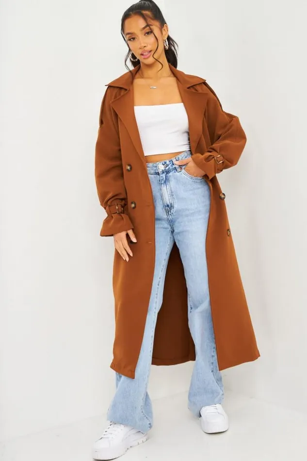 Women Trench Coat With Tie Waist Detail In Brown Brown Brentiny Paris Coats
