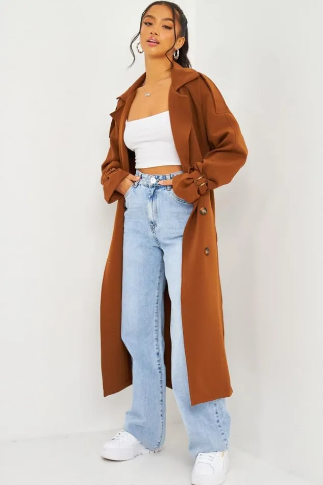 Women Trench Coat With Tie Waist Detail In Brown Brown Brentiny Paris Coats