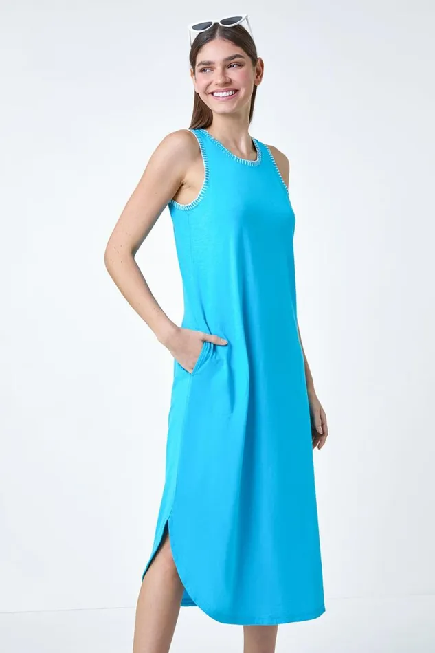 Women Turquoise Contrast Stitch Stretch Jersey Midi Dress Roman Dresses
