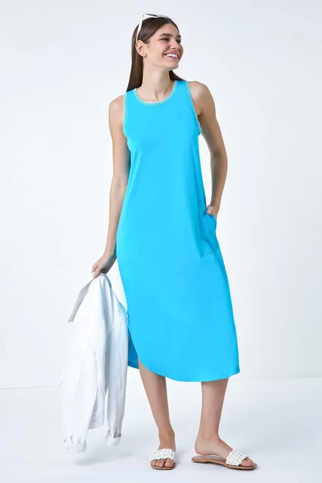 Women Turquoise Contrast Stitch Stretch Jersey Midi Dress Roman Dresses
