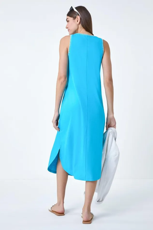Women Turquoise Contrast Stitch Stretch Jersey Midi Dress Roman Dresses
