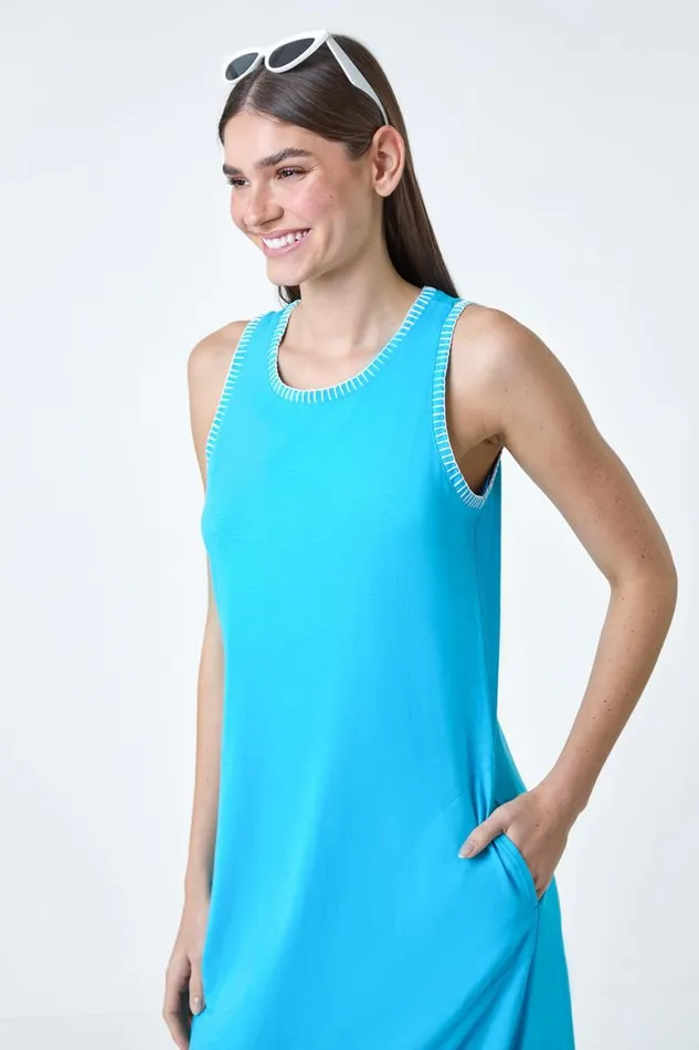 Women Turquoise Contrast Stitch Stretch Jersey Midi Dress Roman Dresses