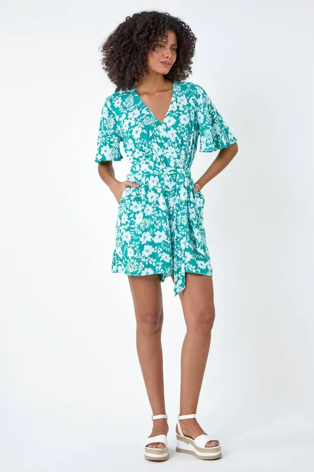 Women Turquoise Floral Print Belted Wrap Playsuit Roman Dresses