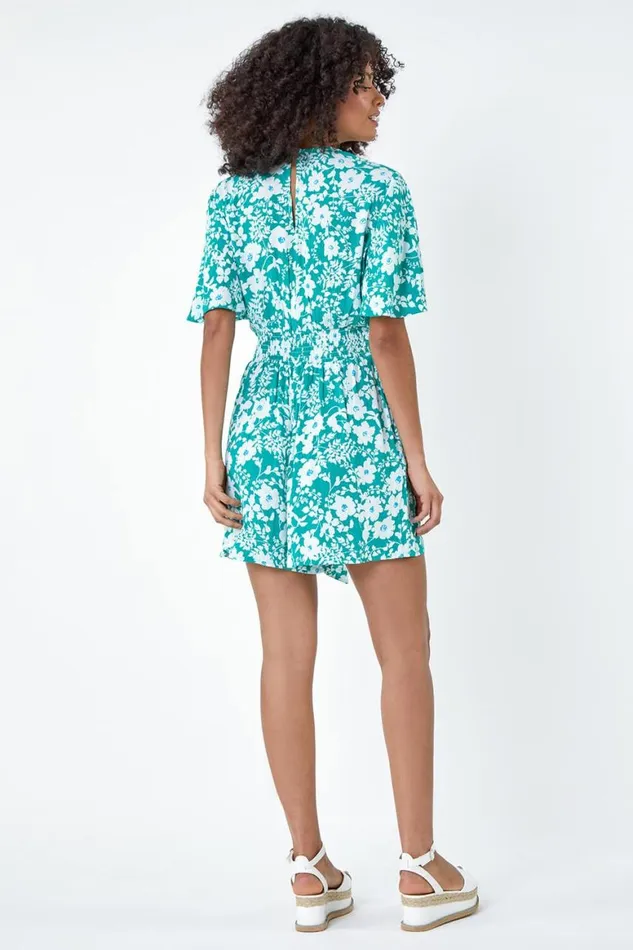 Women Turquoise Floral Print Belted Wrap Playsuit Roman Dresses
