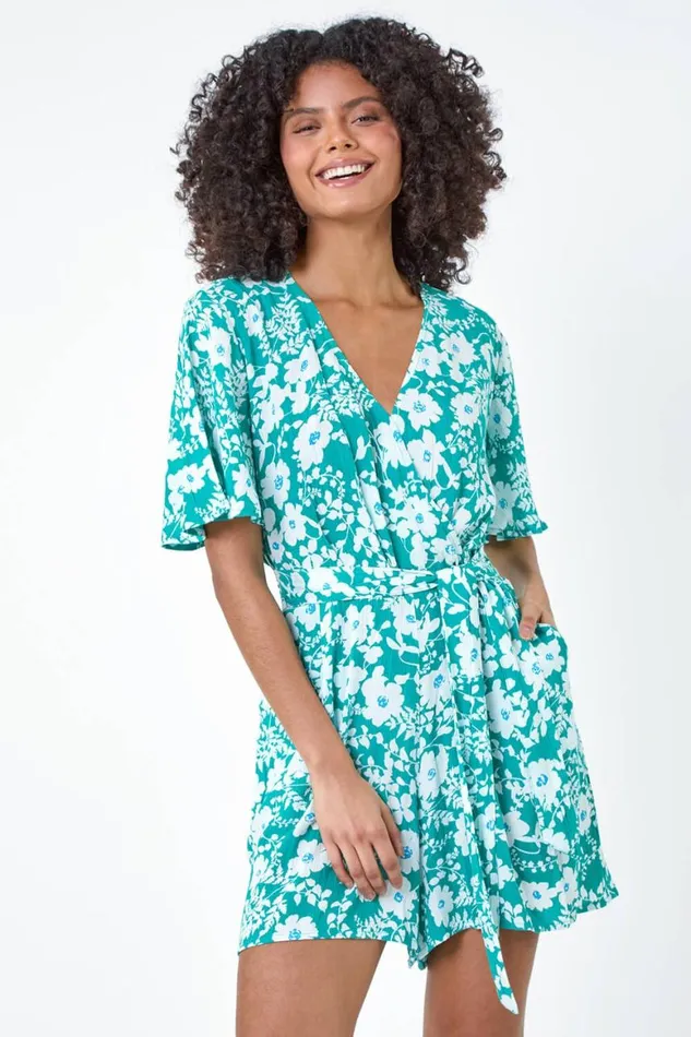 Women Turquoise Floral Print Belted Wrap Playsuit Roman Dresses