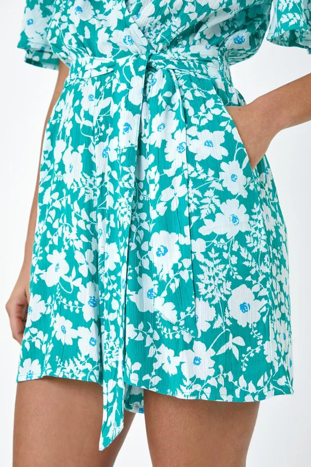 Women Turquoise Floral Print Belted Wrap Playsuit Roman Dresses