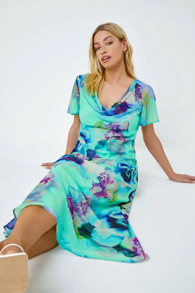 Women Turquoise Floral Print Cowl Neck Dress Roman Dresses