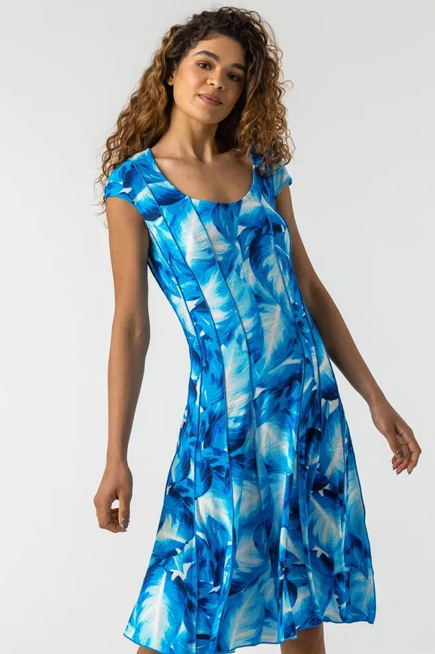 Women Turquoise Leaf Print Panel Dress Roman Dresses